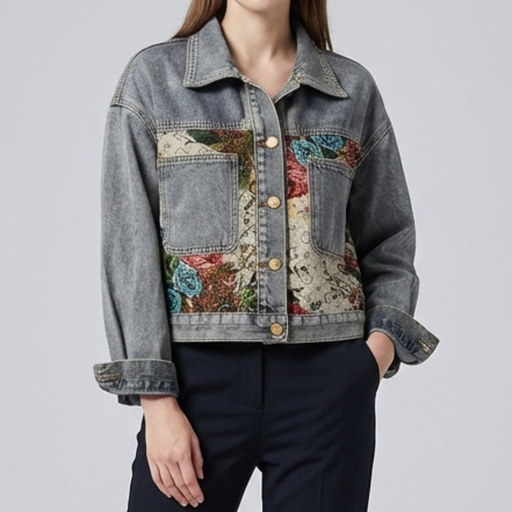 Blommig Denimjacka för Kvinnor