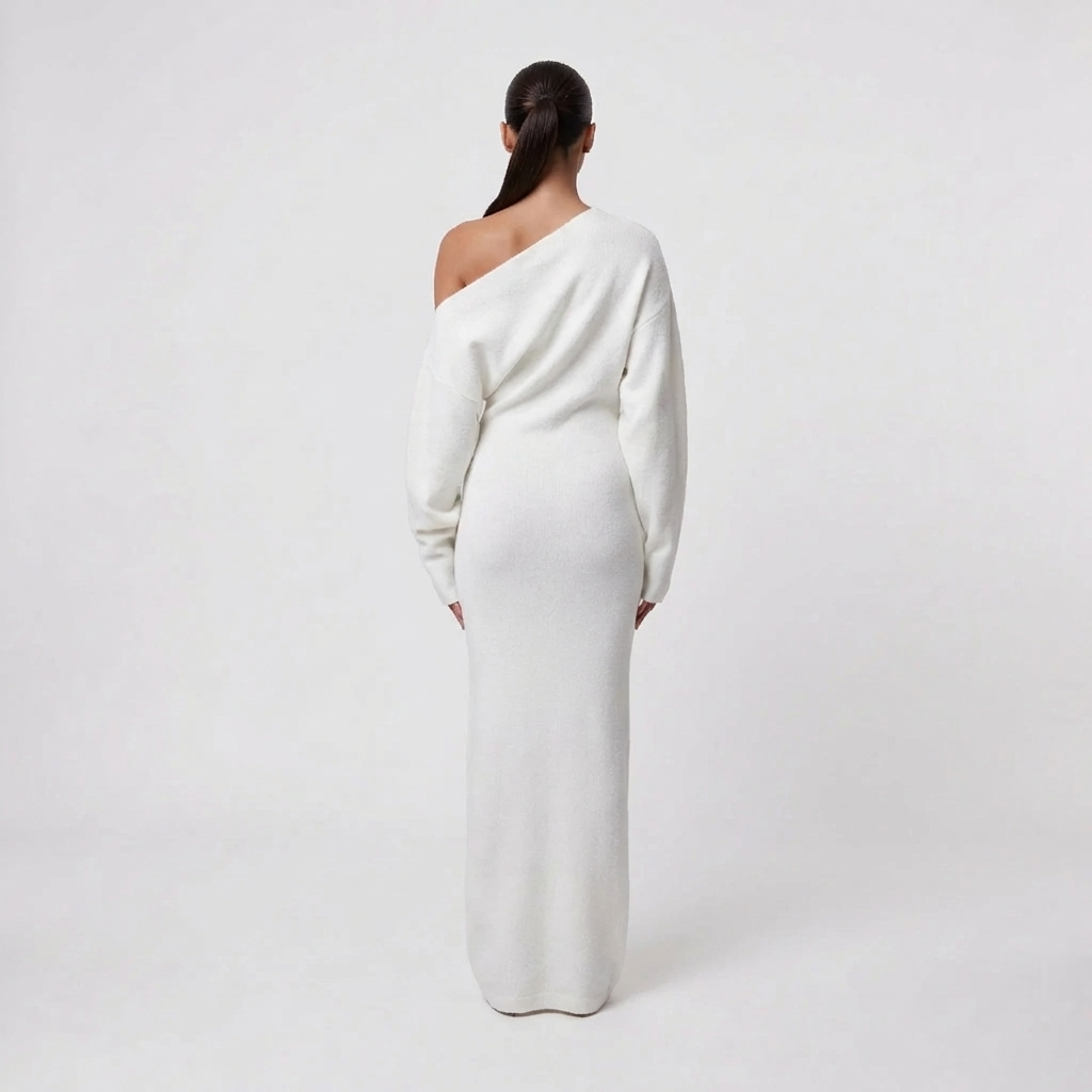 Off-Shoulder Lång Stickad Klänning