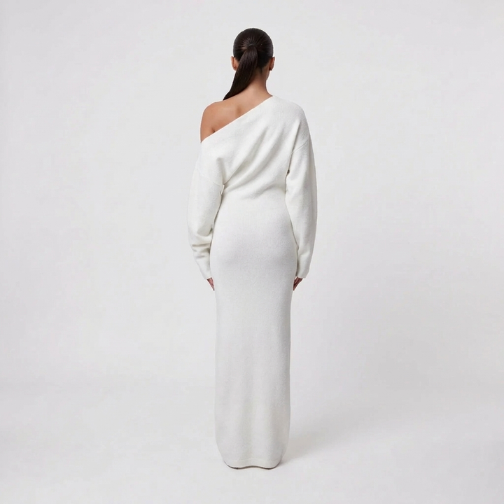 Off-Shoulder Lång Stickad Klänning