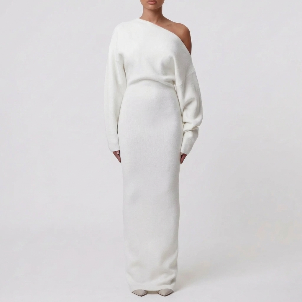 Off-Shoulder Lång Stickad Klänning
