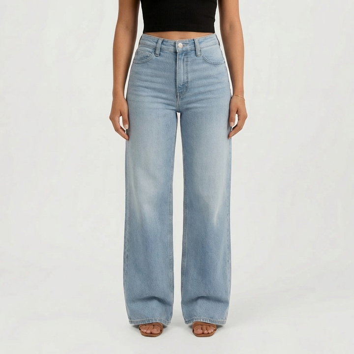 Hoj-halsade raka ben jeans for kvinnor