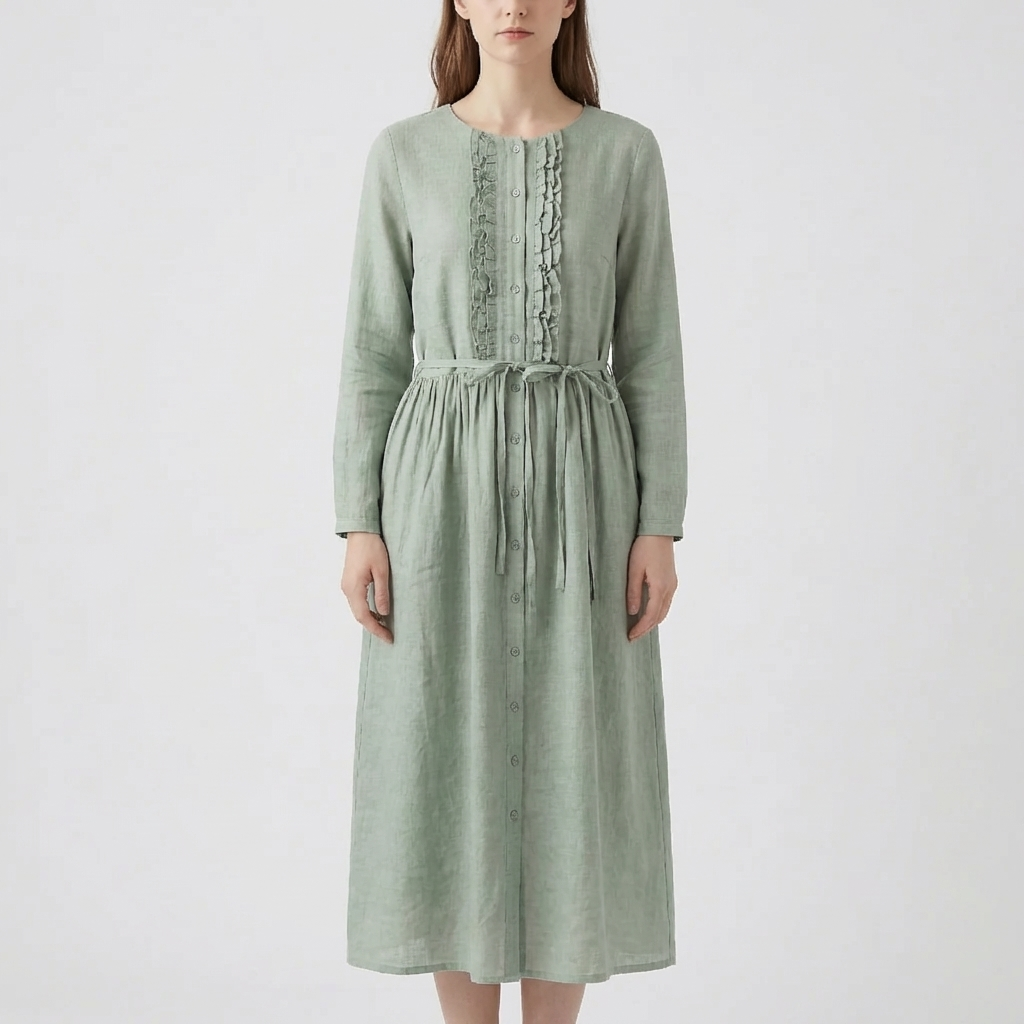 Ruffled Front Button-Down Dress