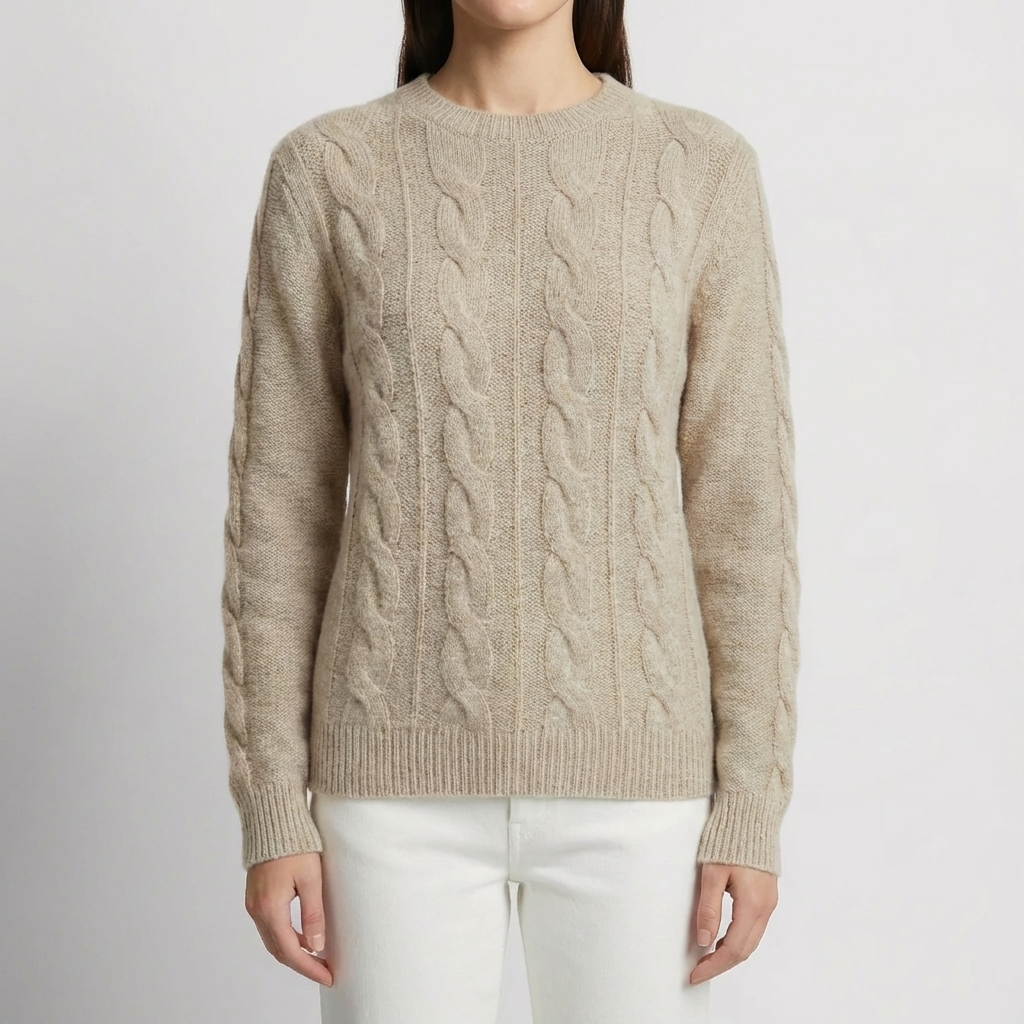 Kabelstickad Avslappnad Crew Neck Tröja