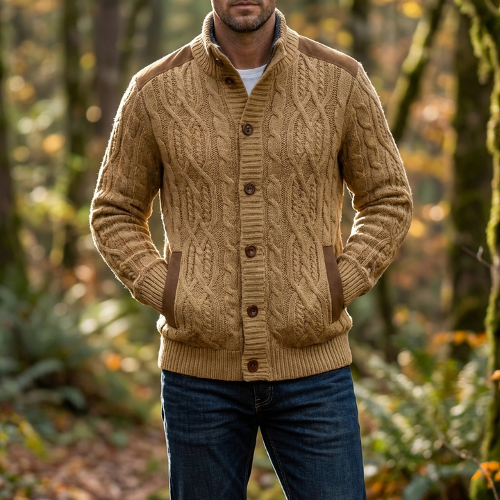 Fleece-Fodrad Kabelstickad Cardigan Jacka