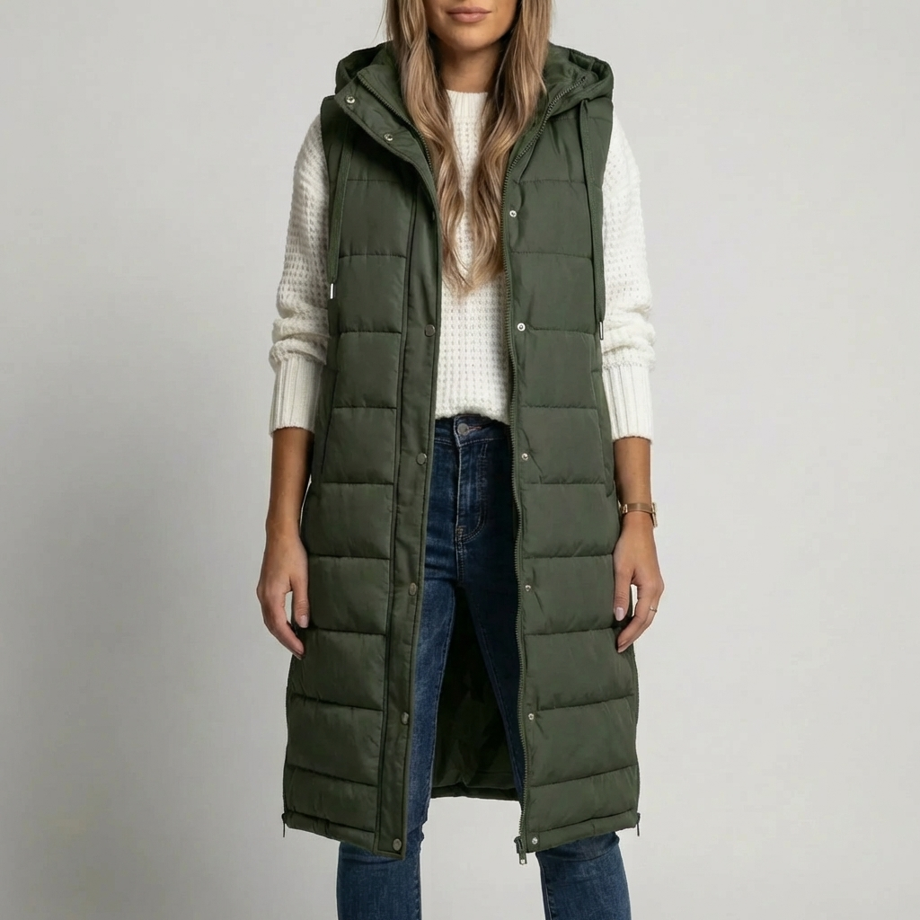 Långlinje Hooded Ärmlös Puffer Väst
