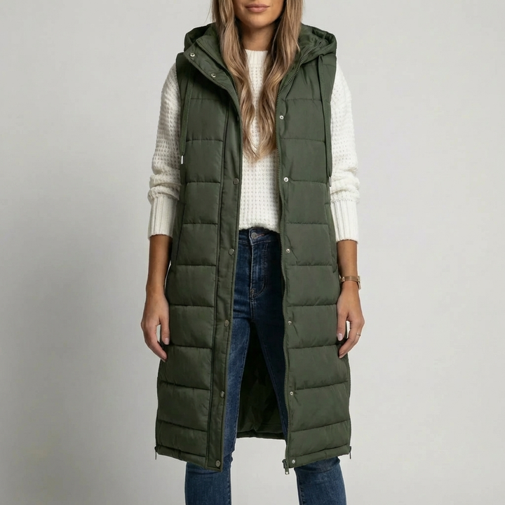 Långlinje Hooded Ärmlös Puffer Väst