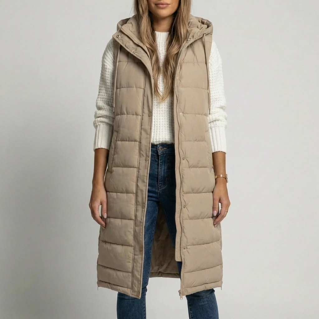 Långlinje Hooded Ärmlös Puffer Väst