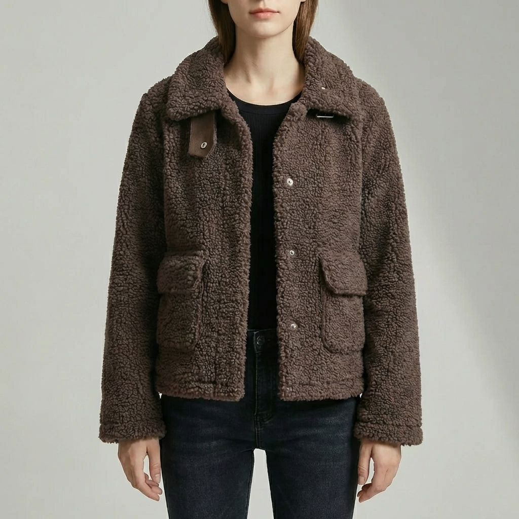 Cropped Teddy Fleece Jacka Med Krage