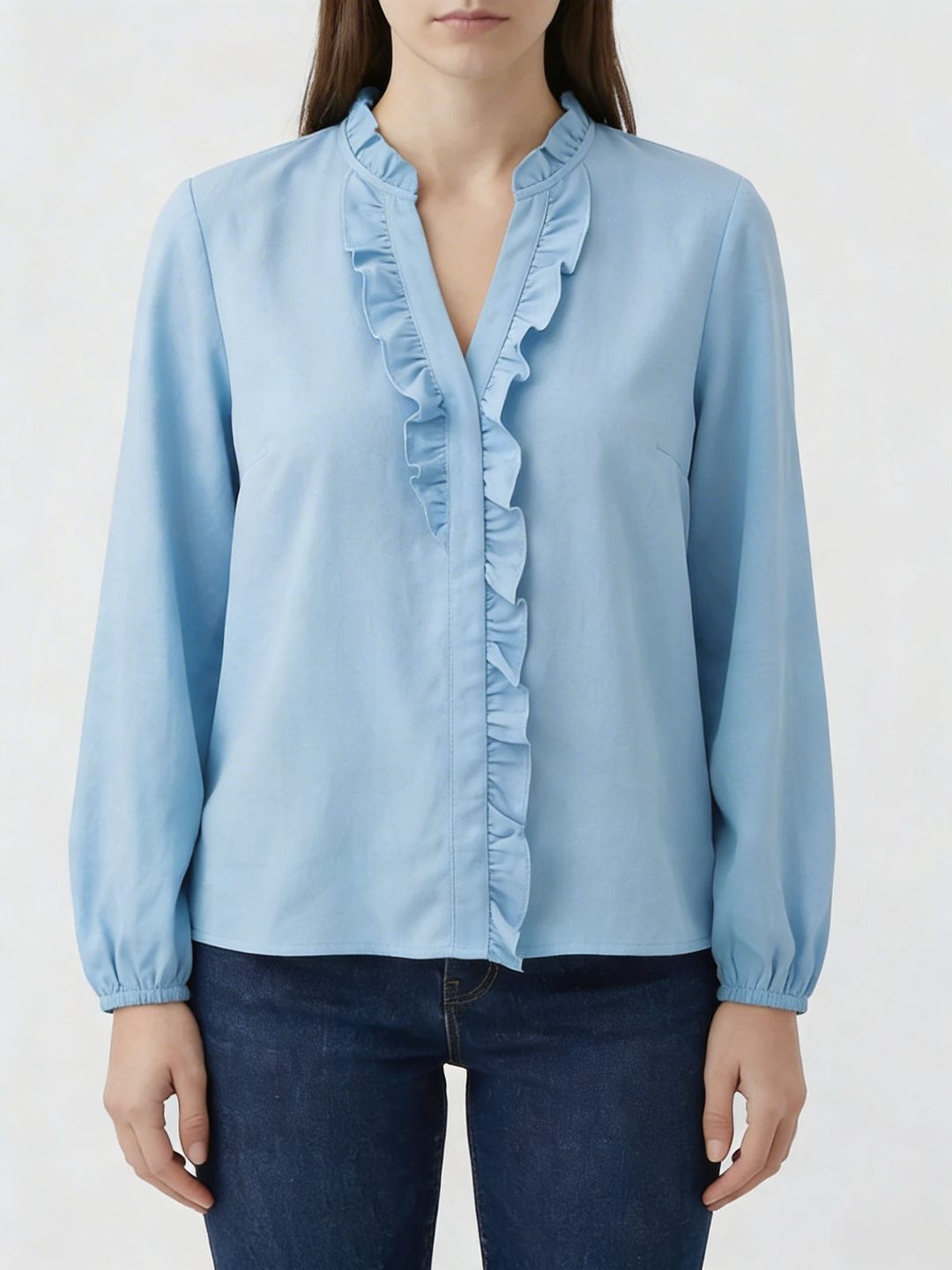 Ruffled V-ringning långärmad blus