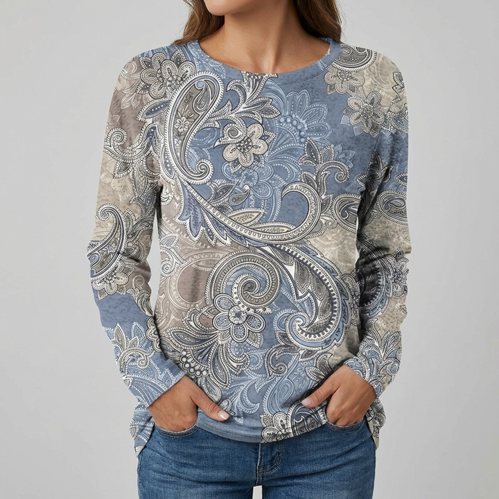 Avslappnad Lång Ärmad Blommig T-Shirt för Kvinnor