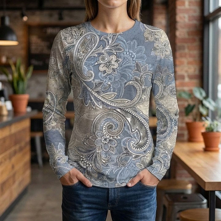 Avslappnad Lång Ärmad Blommig T-Shirt för Kvinnor