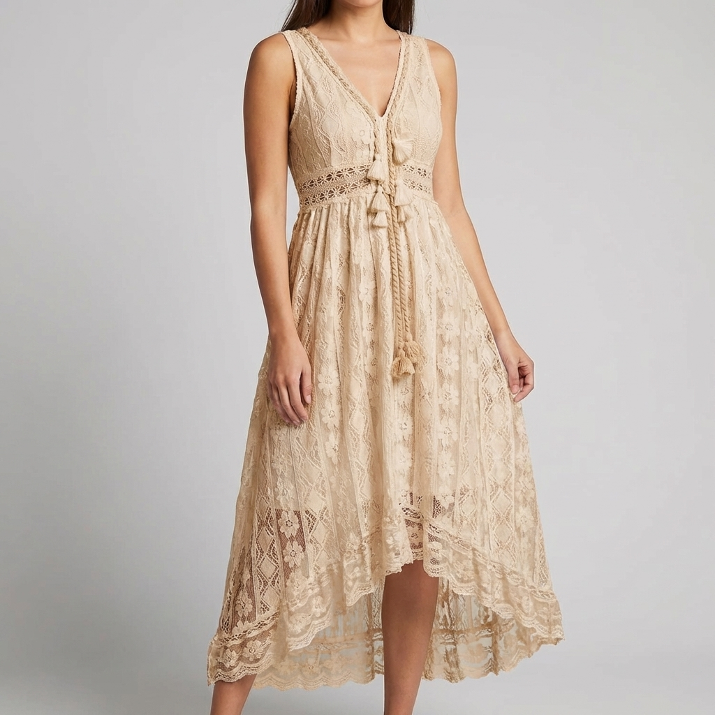 Boho Lace Tie Klänning med Fransar