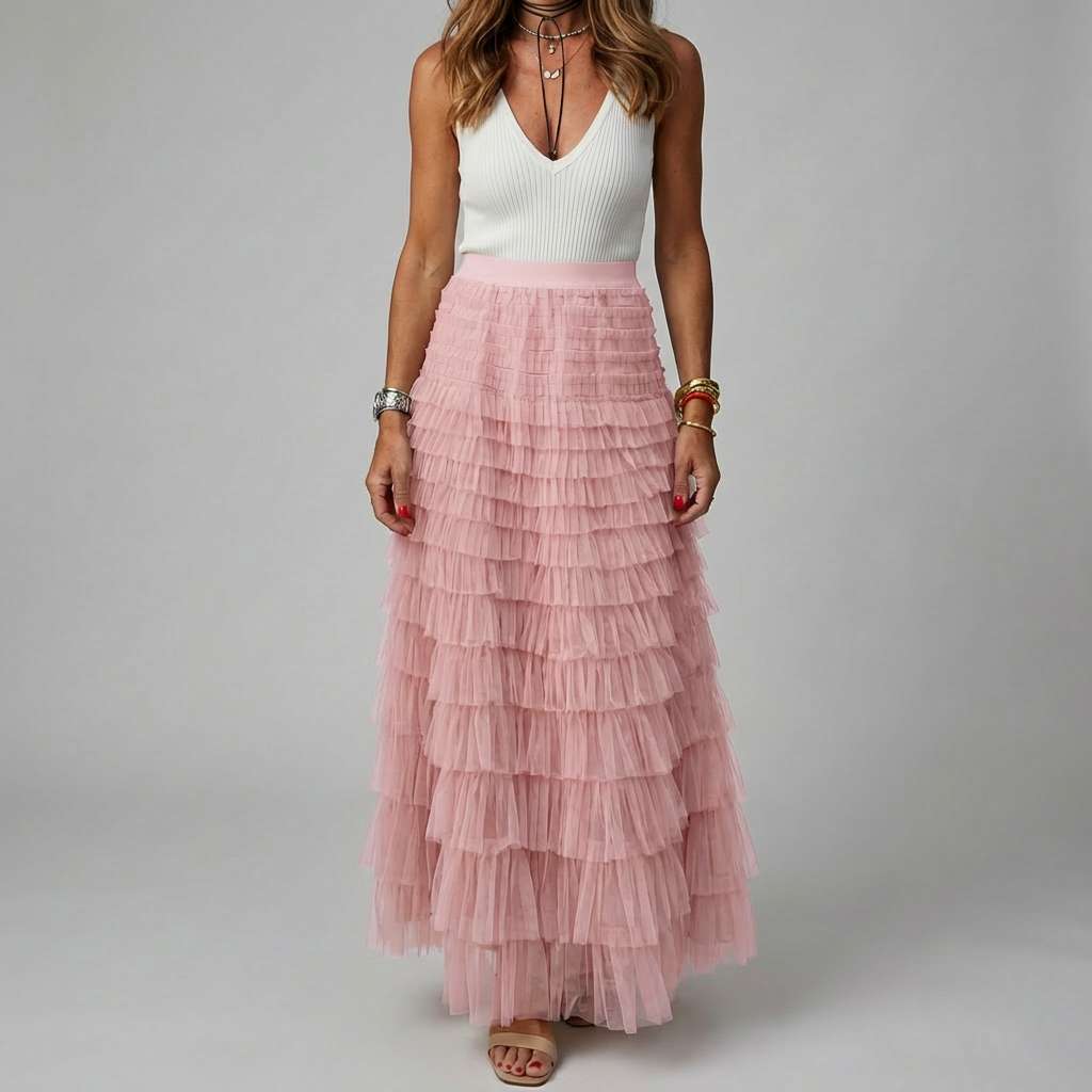 Tulle Maxi Kjol med Elastisk Midja för Kvinnor