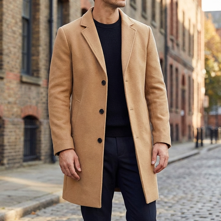 Mans lång vinterkappa med notch lapel