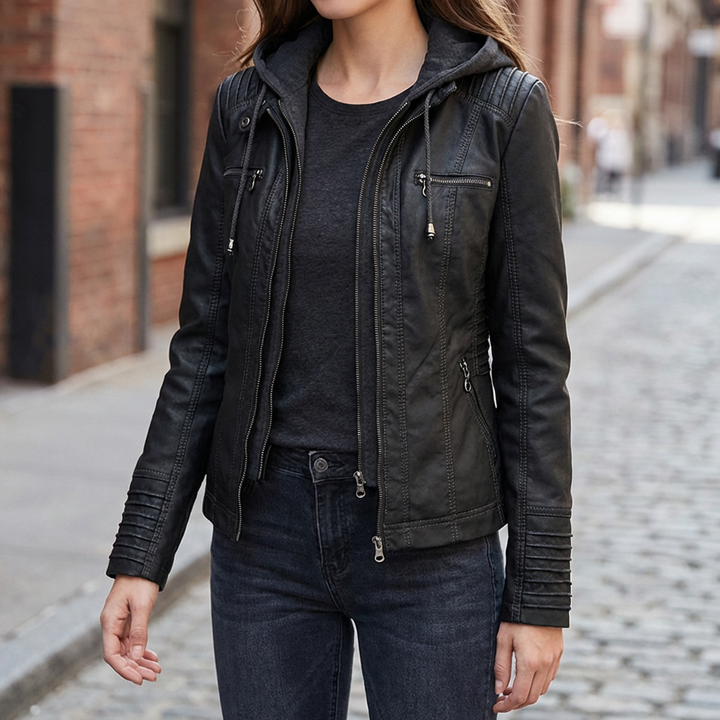 Hooded Faux Leather Moto Jacket för kvinnor