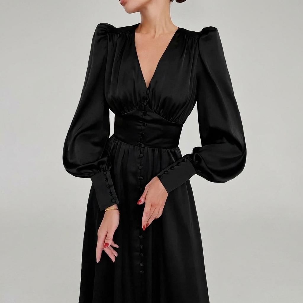 Elegant Satin V-Neck Maxi Klänning för Kvinnor