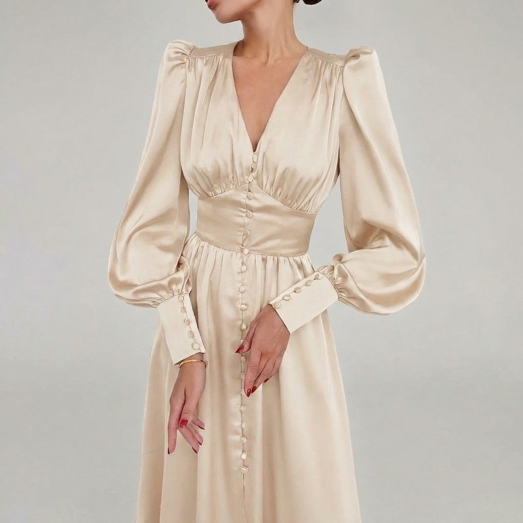 Elegant Satin V-Neck Maxi Klänning för Kvinnor