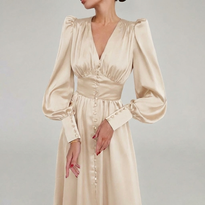 Elegant Satin V-Neck Maxi Klänning för Kvinnor