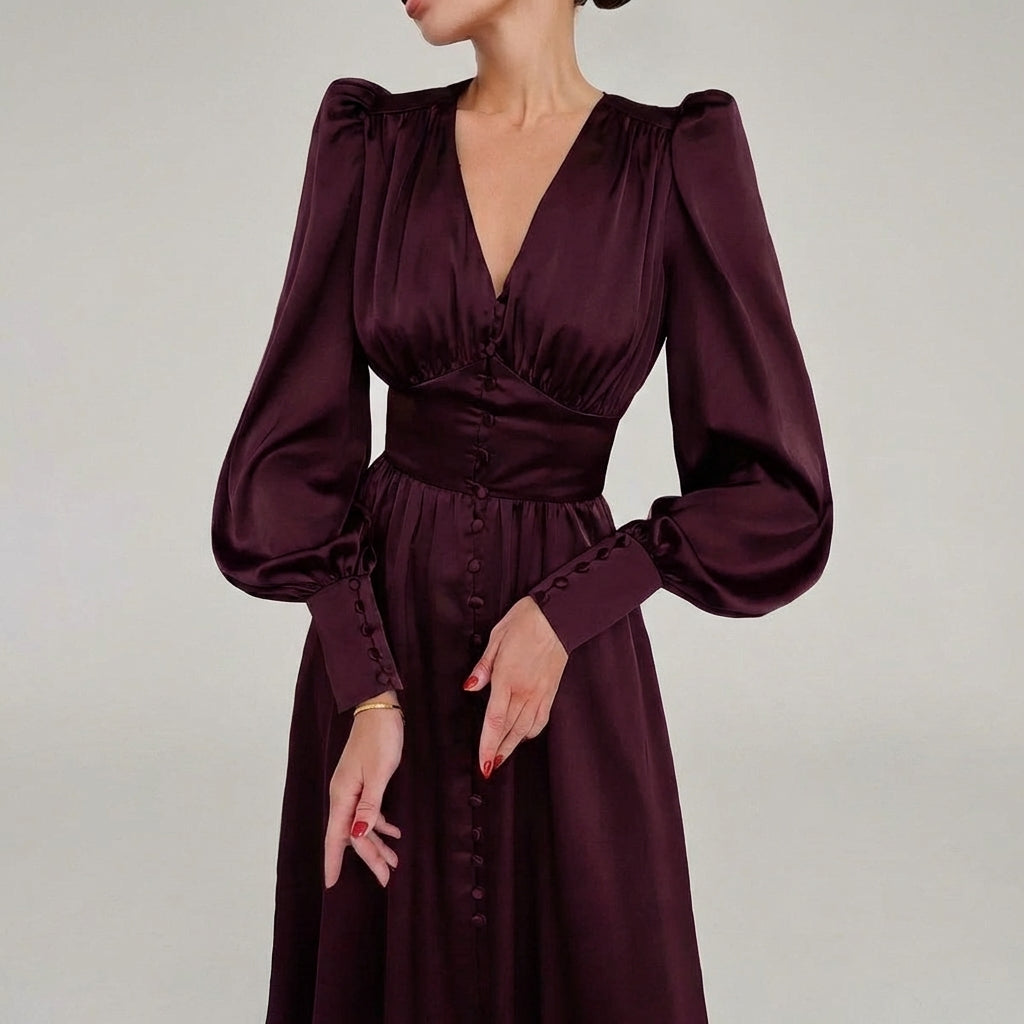 Elegant Satin V-Neck Maxi Klänning för Kvinnor