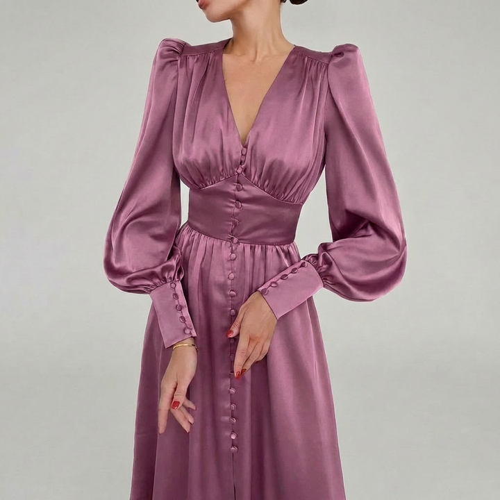 Elegant Satin V-Neck Maxi Klänning för Kvinnor