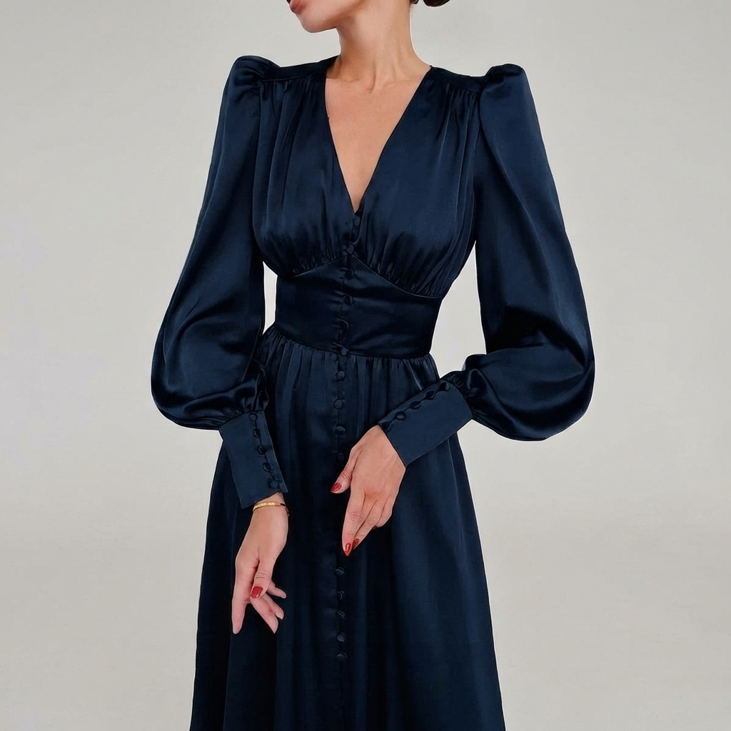 Elegant Satin V-Neck Maxi Klänning för Kvinnor