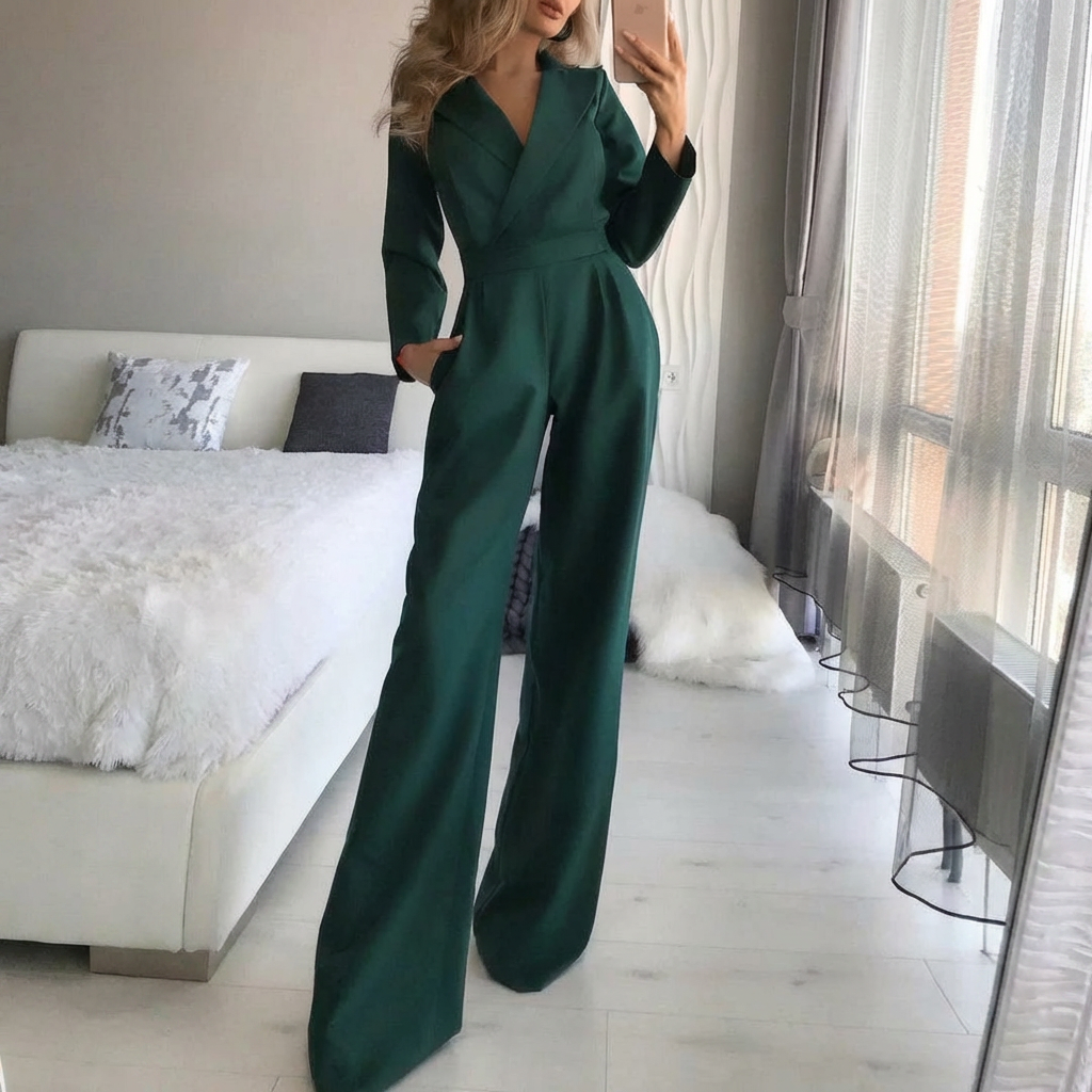 V-Hals Jumpsuit med Breda Ben för Kvinnor