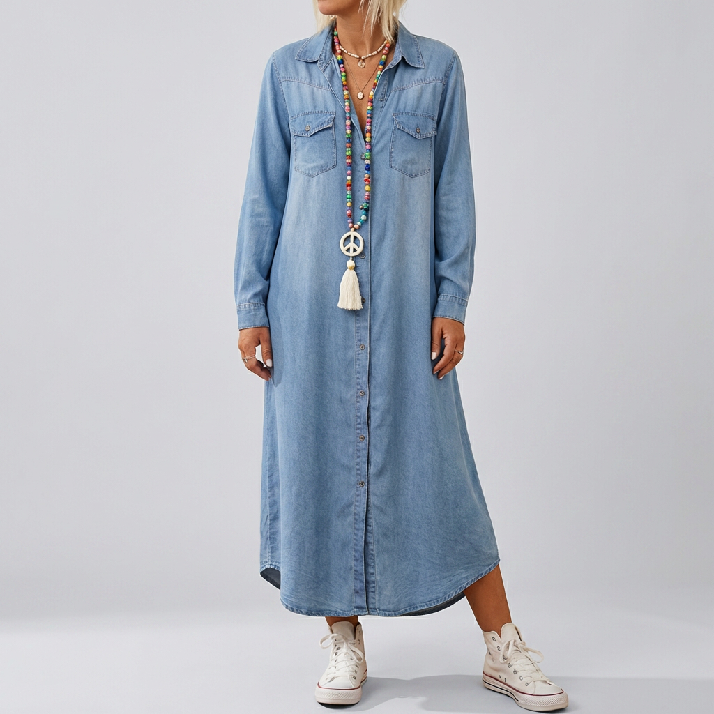 Langärmad denimklänning för kvinnor