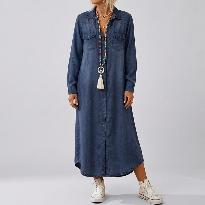 Langärmad denimklänning för kvinnor