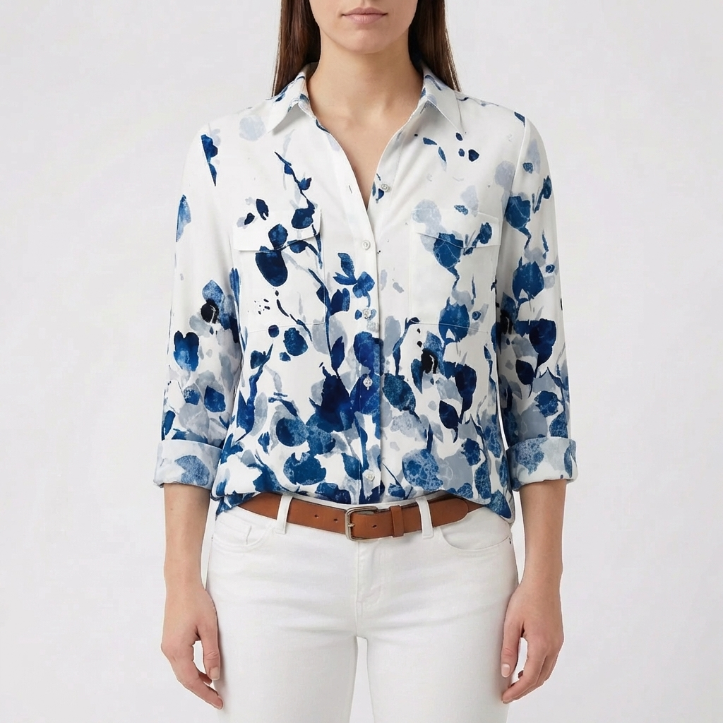Blus med knappar fram och blommigt tryck