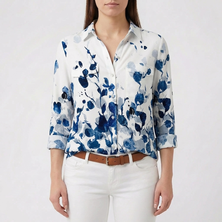 Blus med knappar fram och blommigt tryck