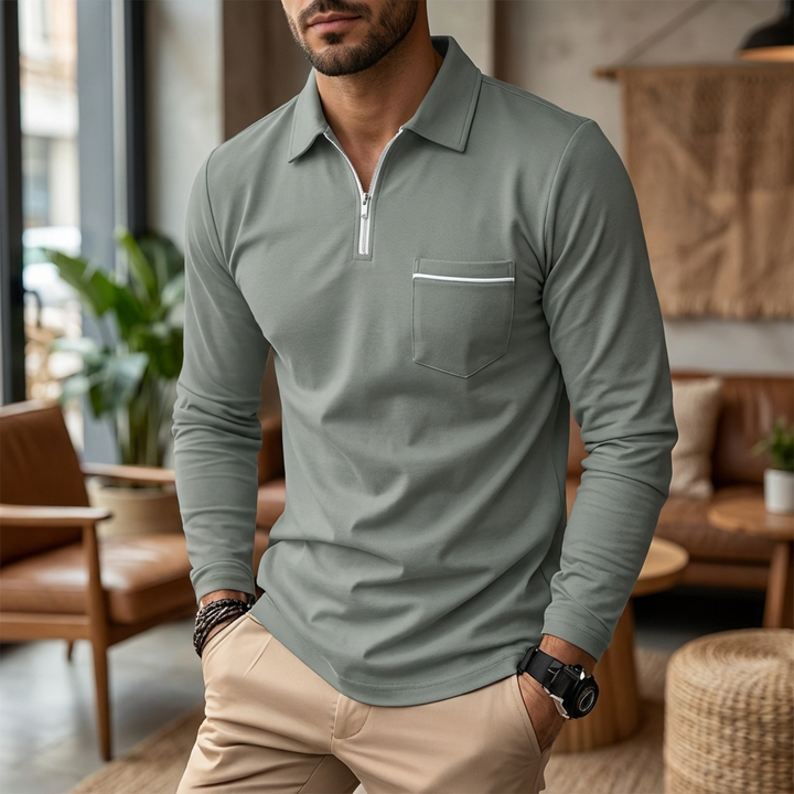 Langärmad zip polo med bröstficka