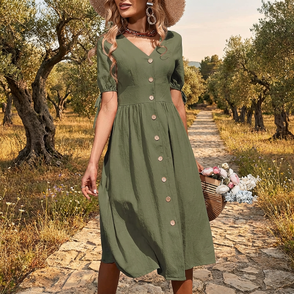 V-Hals Cotton Vår/Sommar Klänning med Enkelt Elegans