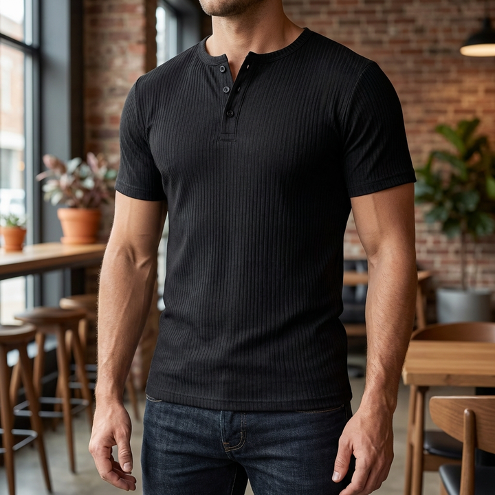 Slim-Fit Henley T-Shirt för män med knappstängning