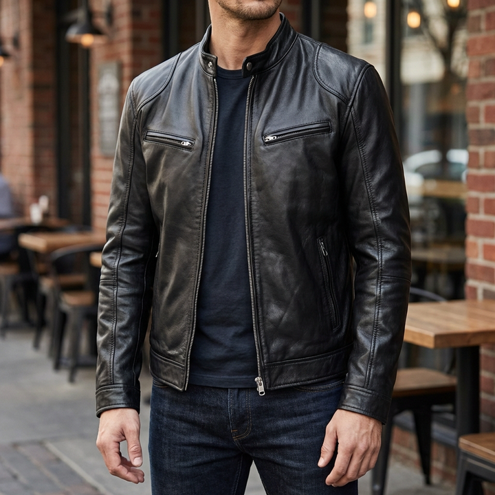 Rugged Läder Motorcykel Biker Jacka för Män