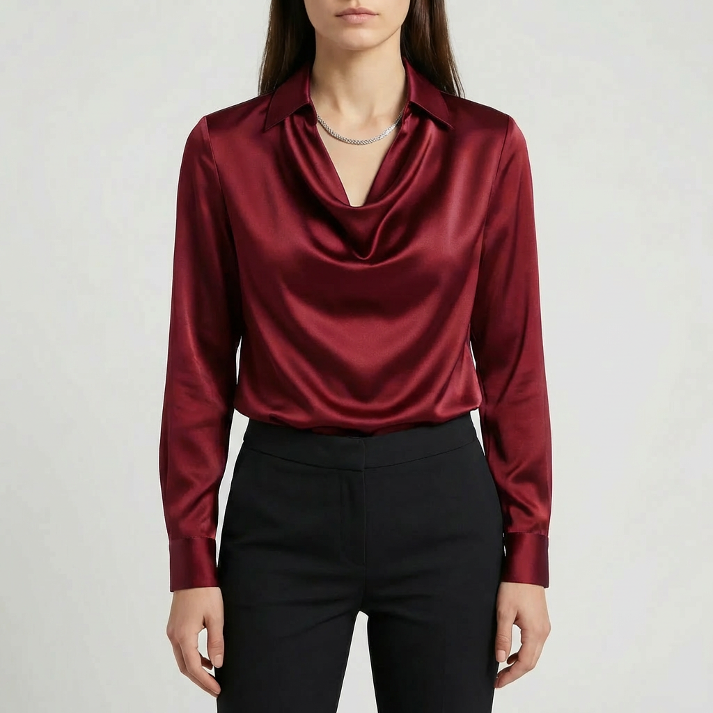 Draperad Krage Blus med Lång Ärmar
