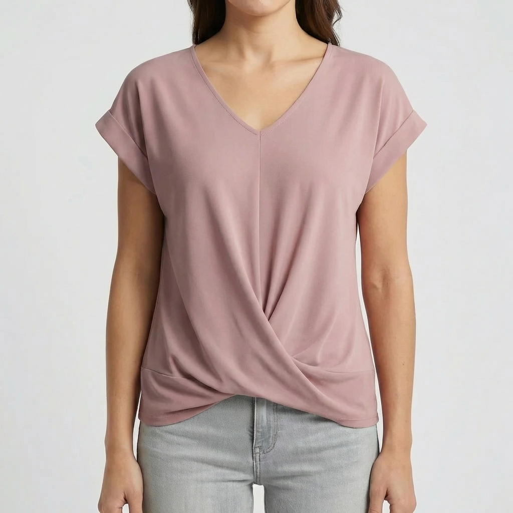 V-Hals Twistad Hem Kort Ärmt T-shirt