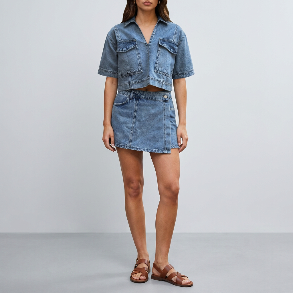 Två-delad Denim Set med Top och Kjol