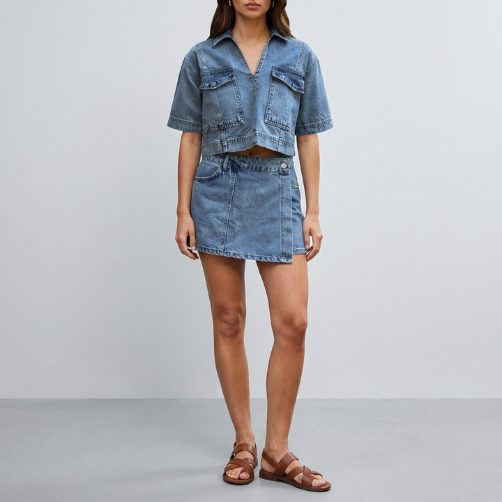 Två-delad Denim Set med Top och Kjol