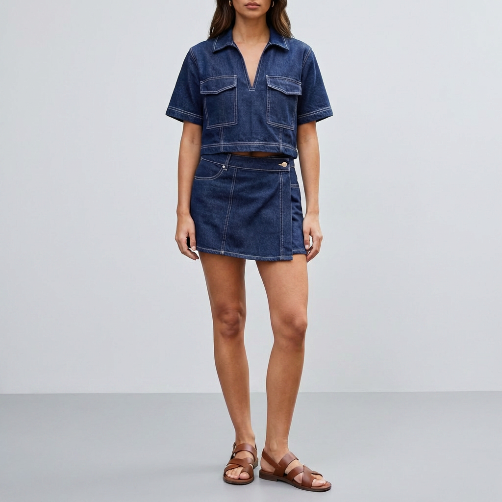 Två-delad Denim Set med Top och Kjol