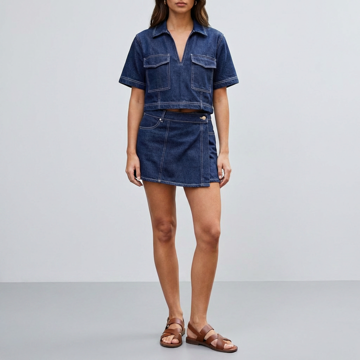 Två-delad Denim Set med Top och Kjol