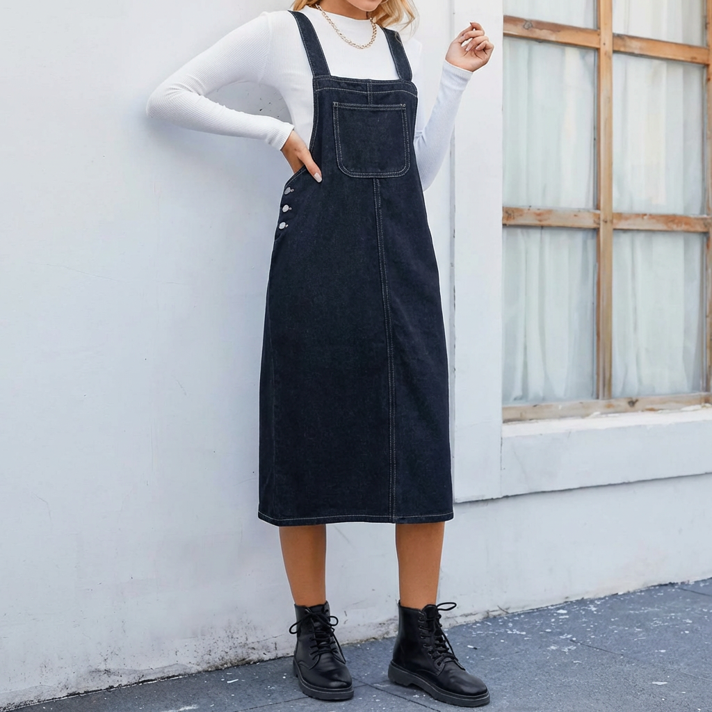 Kvinnor Midi Denim Pinafore Klänning