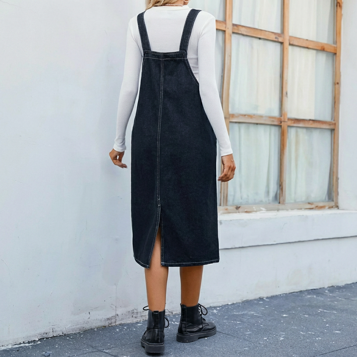 Kvinnor Midi Denim Pinafore Klänning