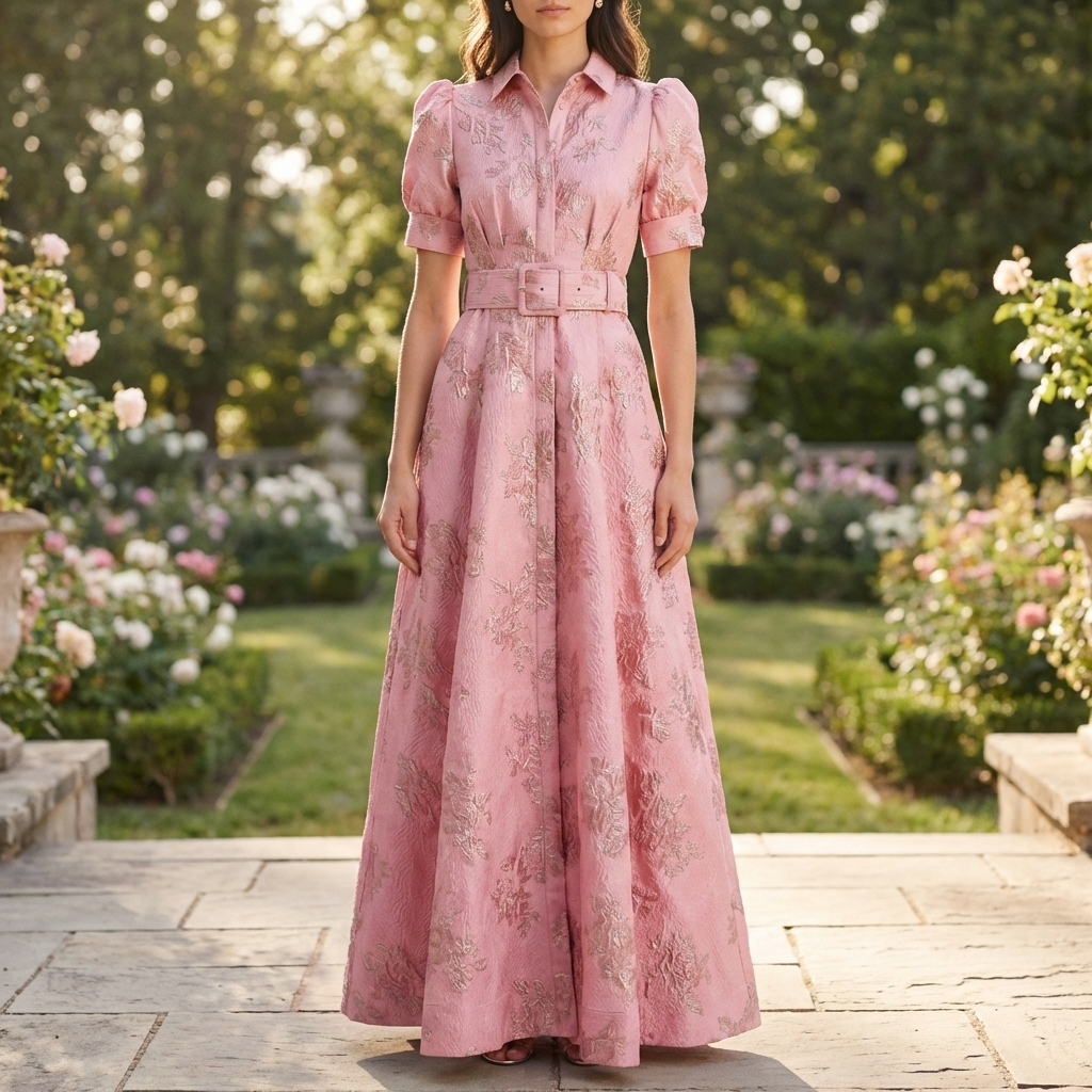 Bältad Blommig Jacquard Maxi Klänning