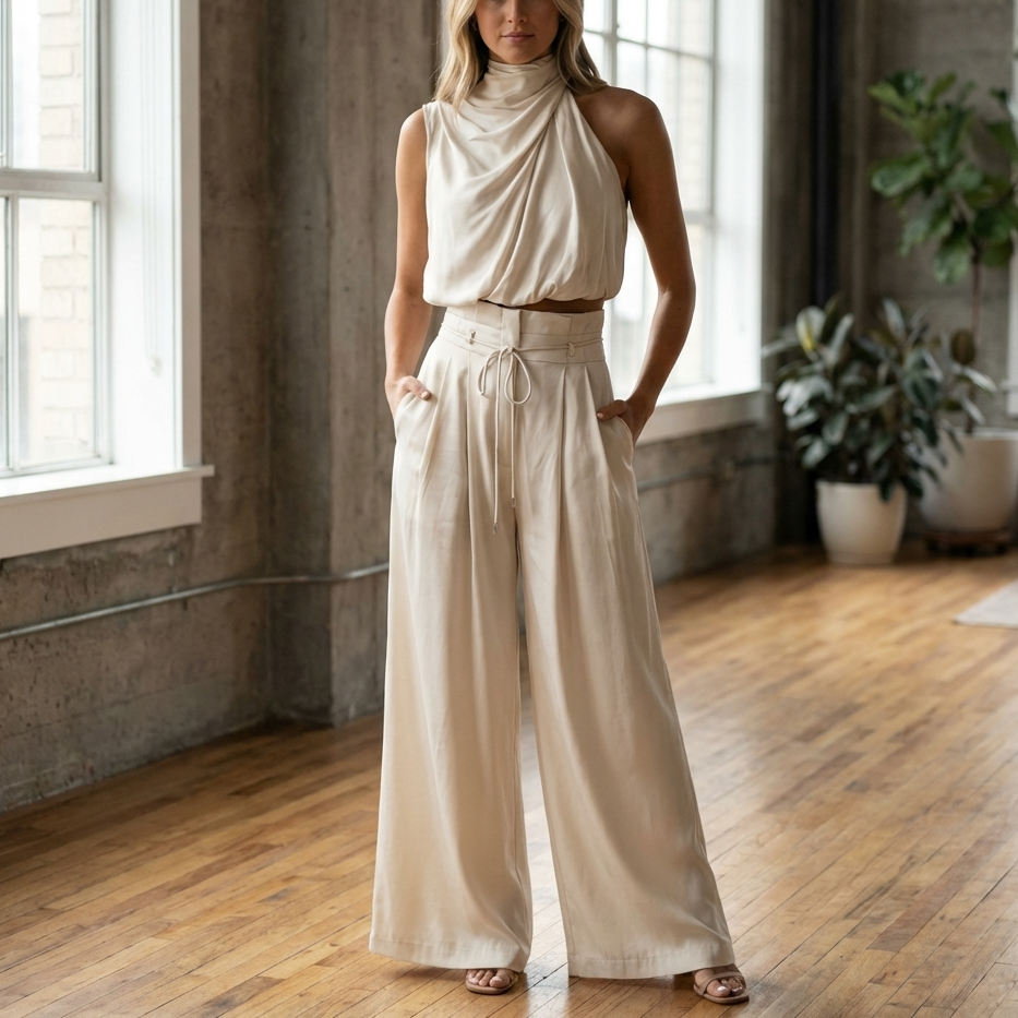 Draperad Halterneck Top Och Breda Byxor Set för Kvinnor