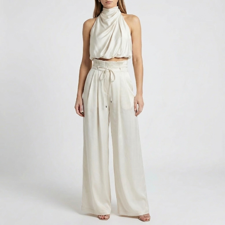 Draperad Halterneck Top Och Breda Byxor Set för Kvinnor