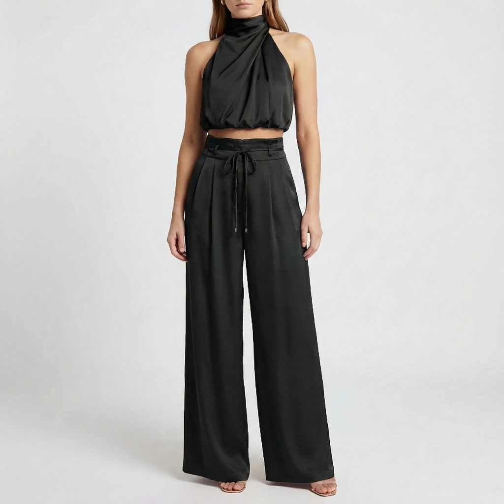 Draperad Halterneck Top Och Breda Byxor Set för Kvinnor