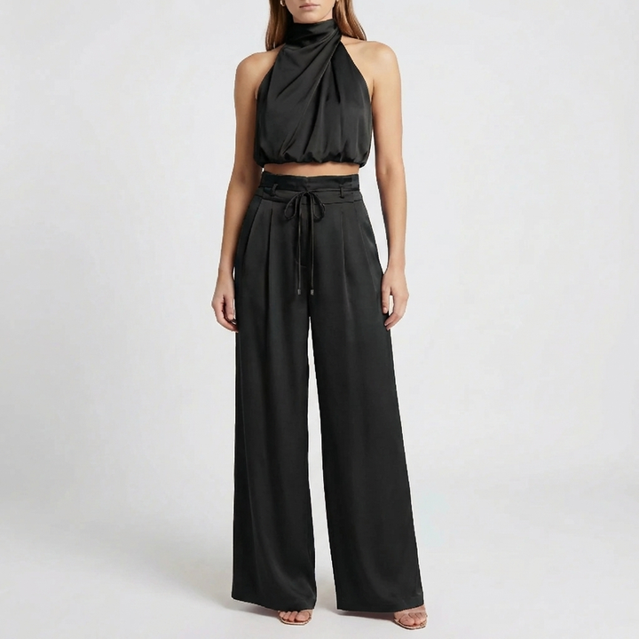 Draperad Halterneck Top Och Breda Byxor Set för Kvinnor