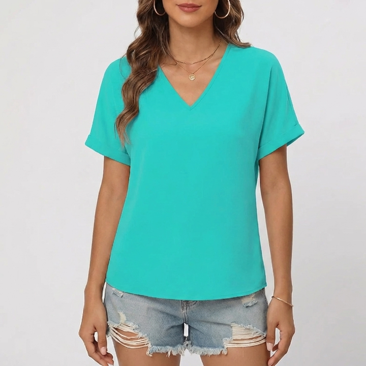 V-Hals Kort Ärms Casual T-shirt för Kvinna