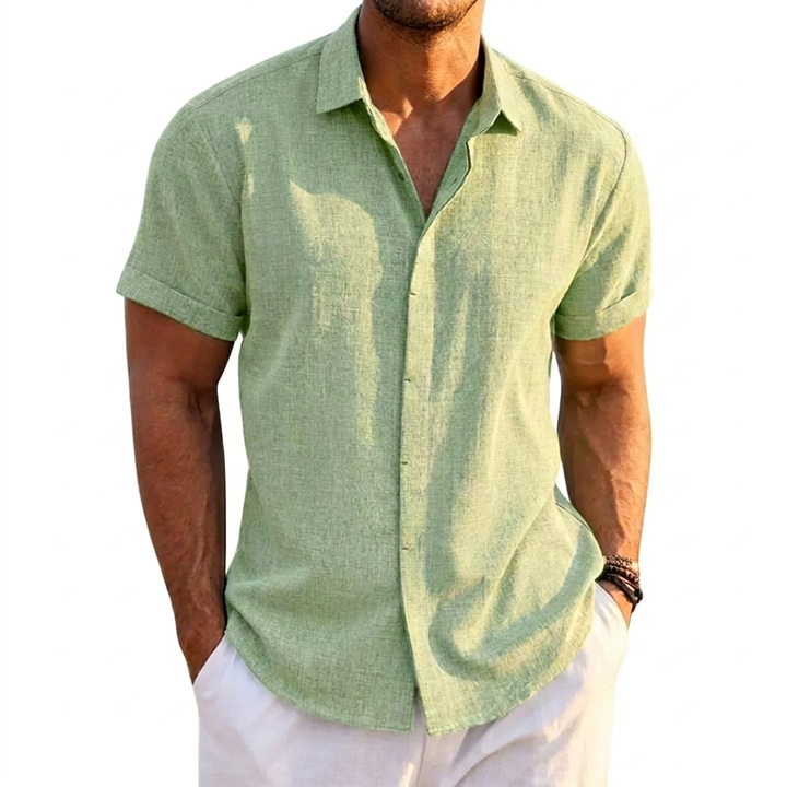 Mans Solid Färg Loose Fit Linne Blandning T-Shirt med Kort Ärma