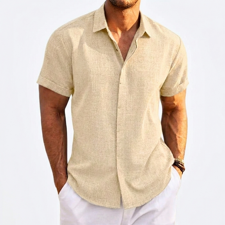 Mans Solid Färg Loose Fit Linne Blandning T-Shirt med Kort Ärma